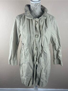 Loft Ruffle Trim Tan Trench Rain Coat Jacket Women’s Size Medium